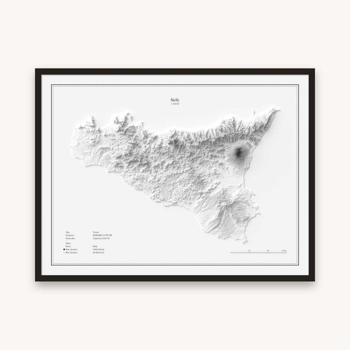 Sizilien - Reliefkarte, im schwarzen Rahmen