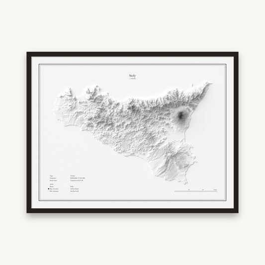 Sizilien - Reliefkarte, im schwarzen Rahmen