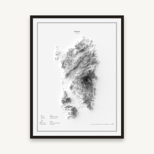 Sardinien - Reliefkarte, im schwarzen Rahmen