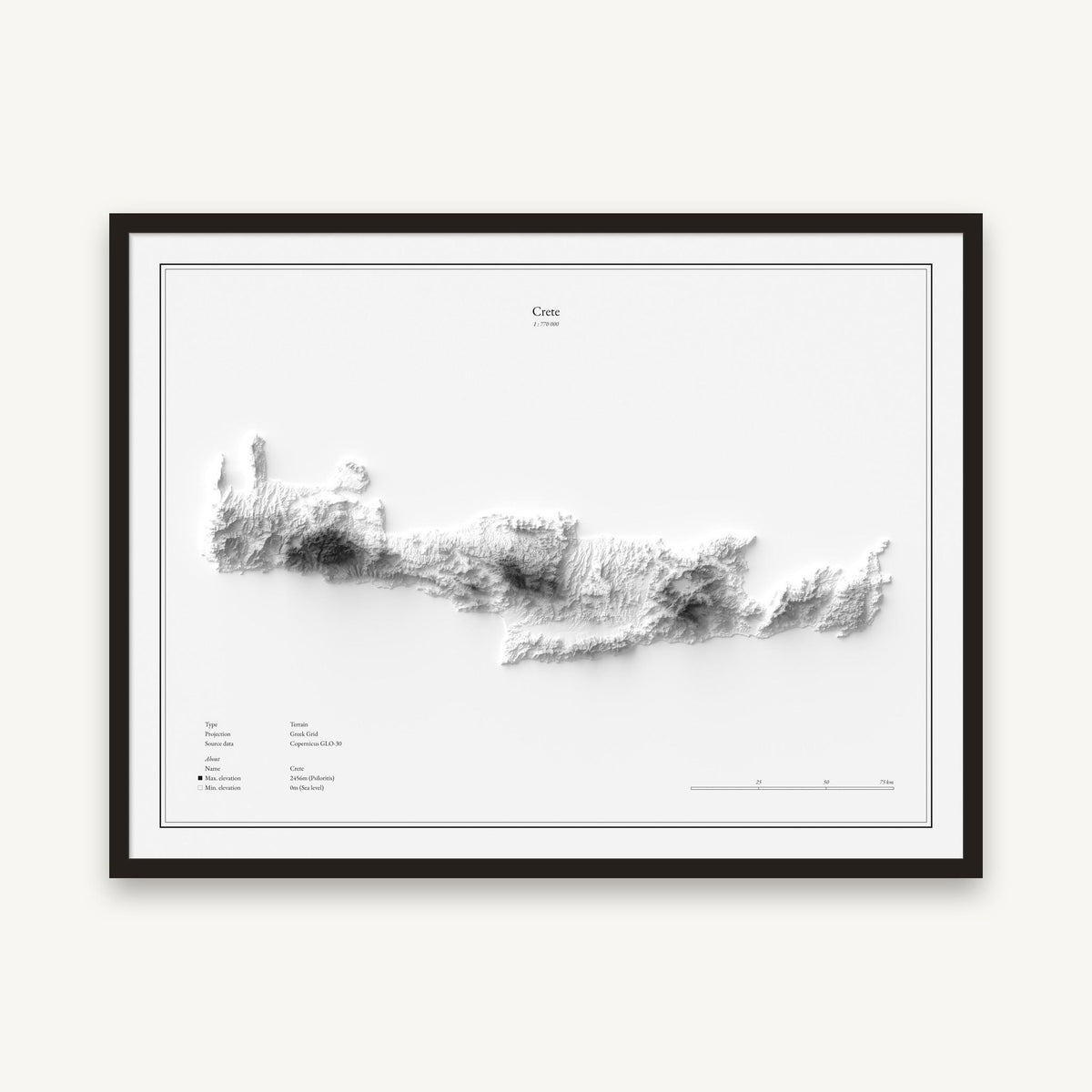 Kreta - Reliefkarte, im schwarzen Rahmen