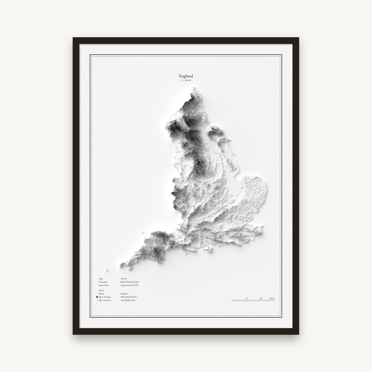 England - Reliefkarte, im schwarzen Rahmen