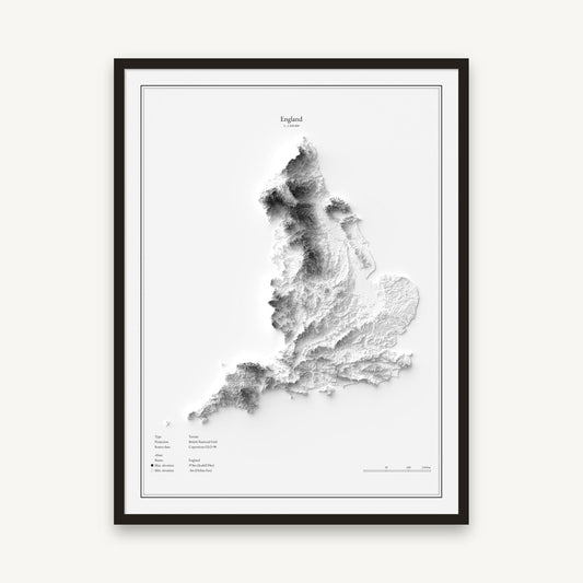 England - Reliefkarte, im schwarzen Rahmen