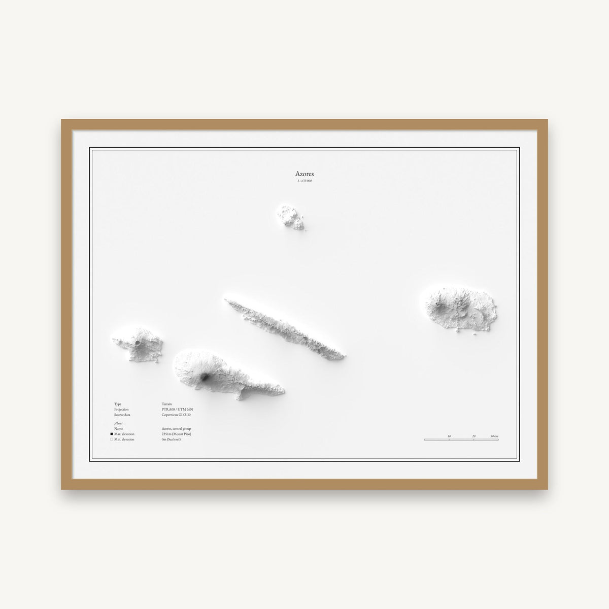 Azoren - Reliefkarte, im Naturholzrahmen