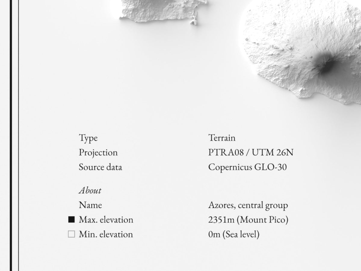 Azoren - Reliefkarte, Detailansicht mit Name sowie höchstem und tiefstem Punkt