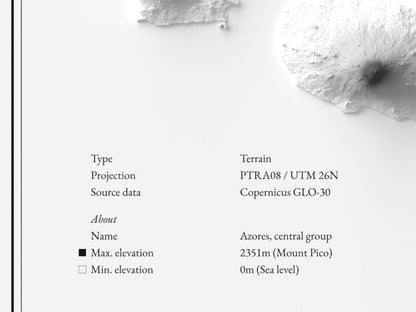 Azoren - Reliefkarte, Detailansicht mit Name sowie höchstem und tiefstem Punkt