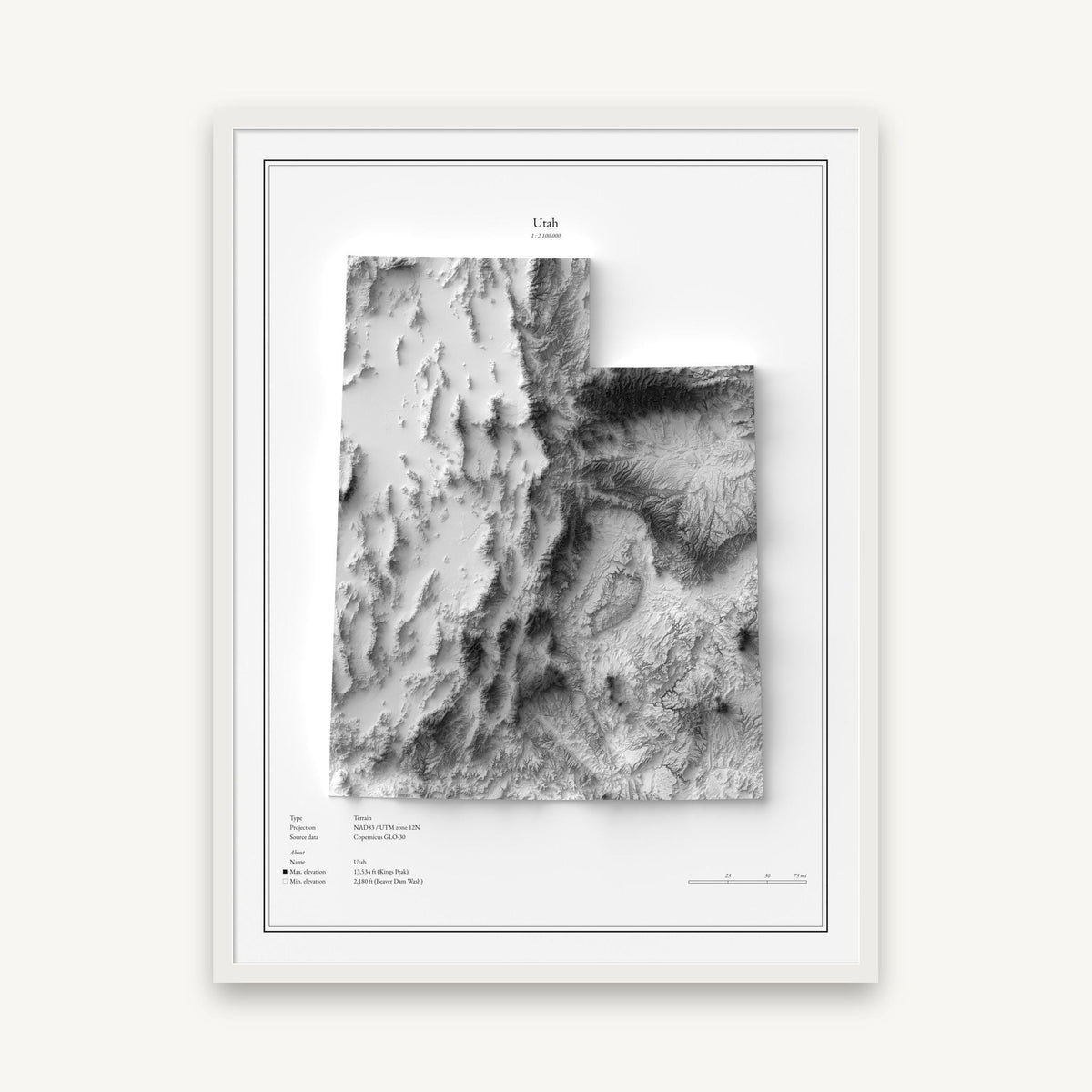 Utah - Reliefkarte, im weißen Rahmen