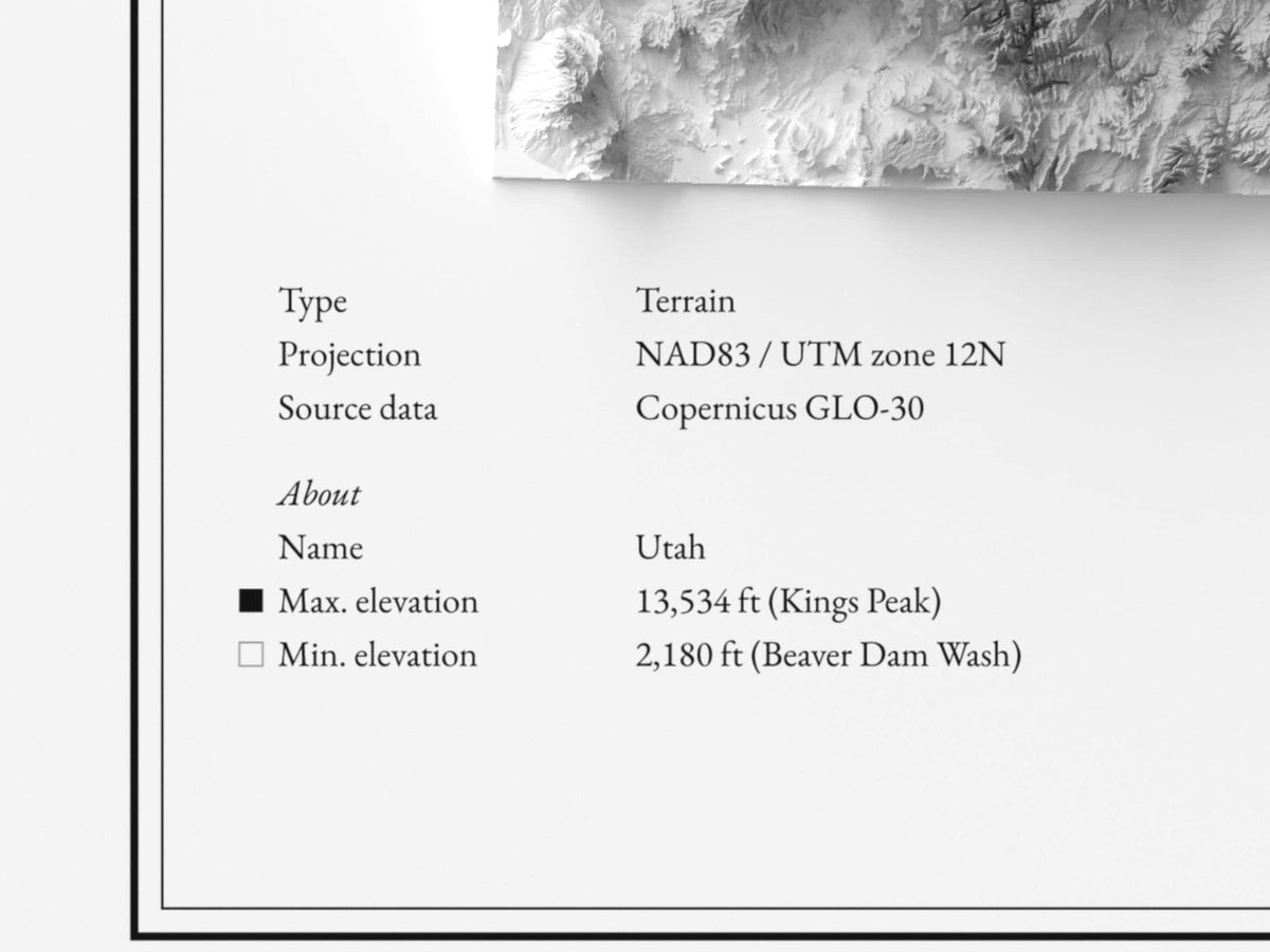 Utah - Reliefkarte, Detailansicht mit Name sowie höchstem und tiefstem Punkt