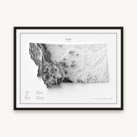 Montana - Reliefkarte, im schwarzen Rahmen