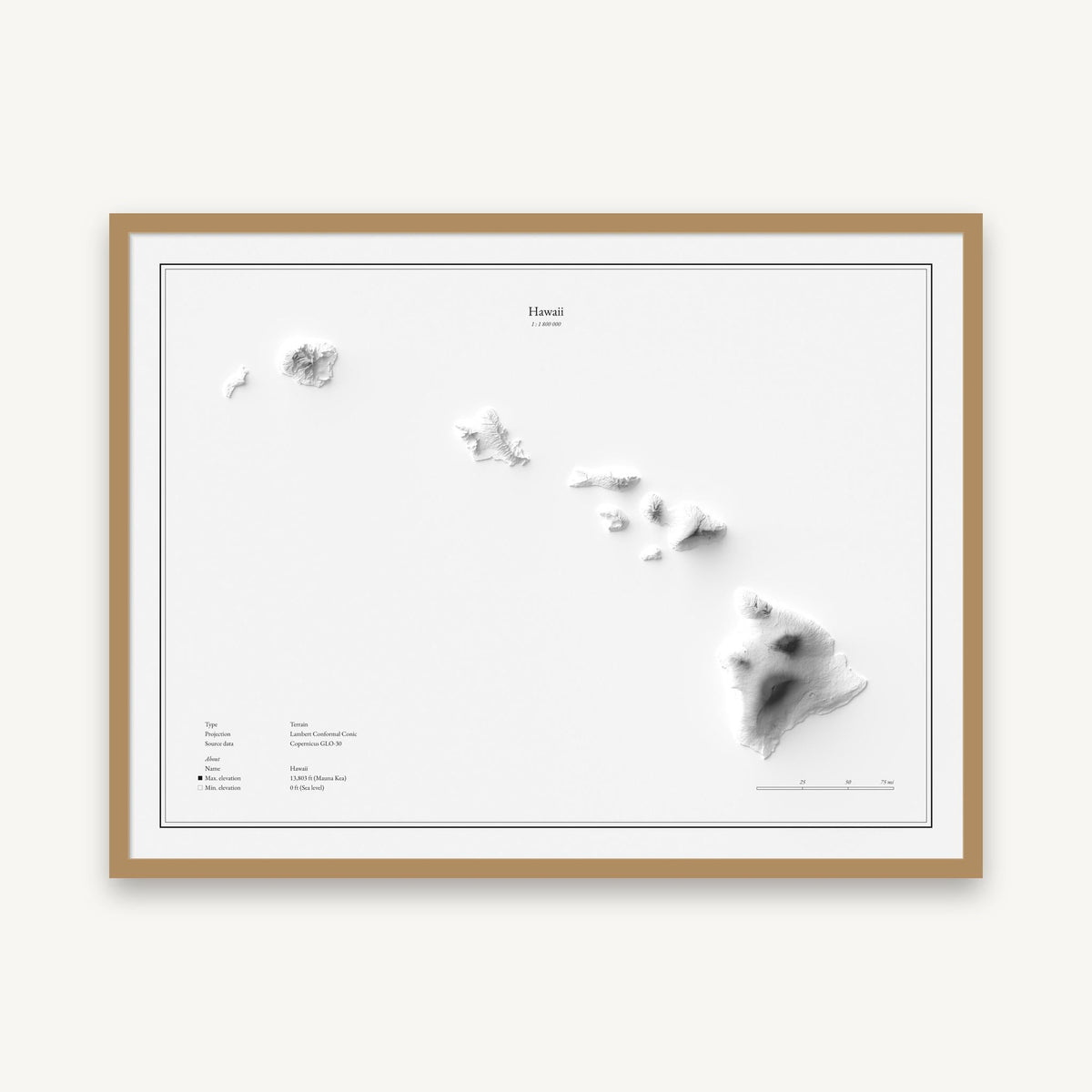 Hawaii - Reliefkarte, im Naturholzrahmen