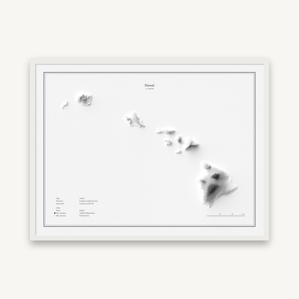 Hawaii - Reliefkarte, im weißen Rahmen