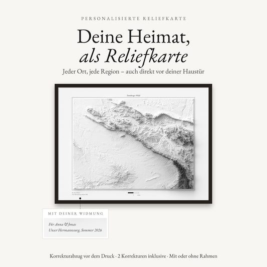 Individuelle Reliefkarte im schwarzen Rahmen mit persönlicher Widmung